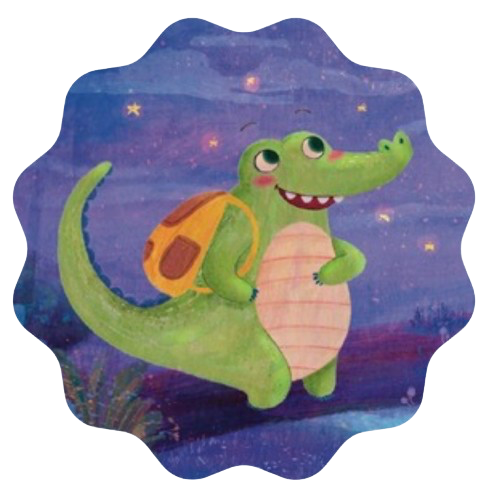 Crosby the crocodile with his backpack under a starry night sky